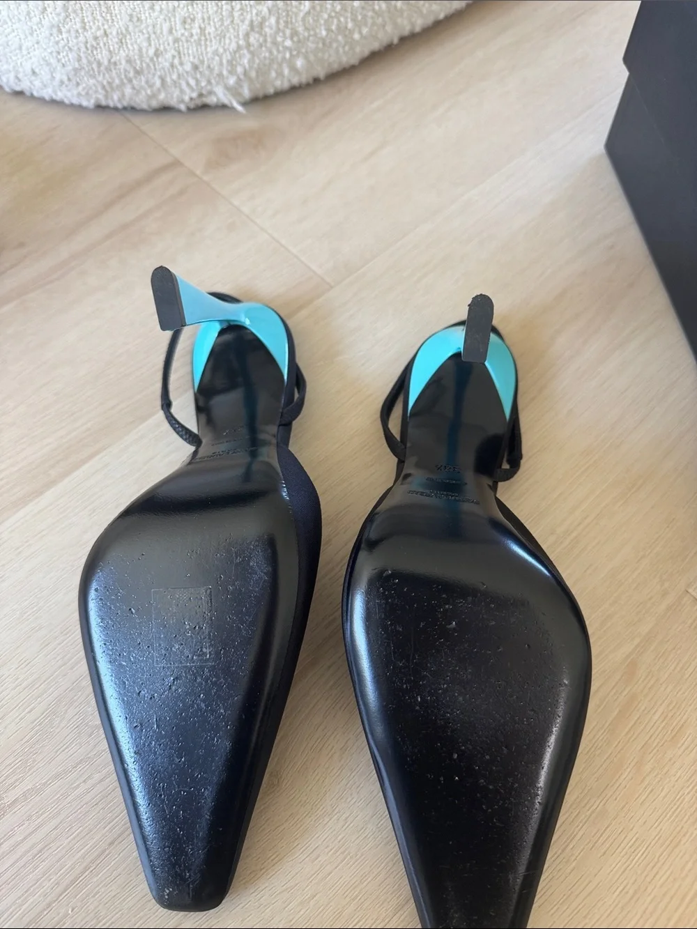 Saint Laurent Black Slingback Pumps with Turquoise Heel - Picture 4 of 6